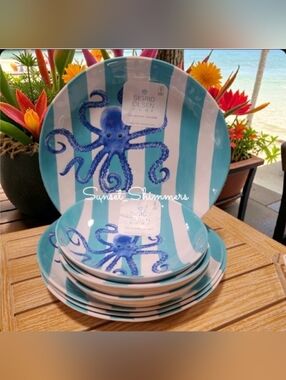 8pc Sigrid Olsen Blue Octopus Cabana Stripe Melamine Dinner Plate & Bowl Set New